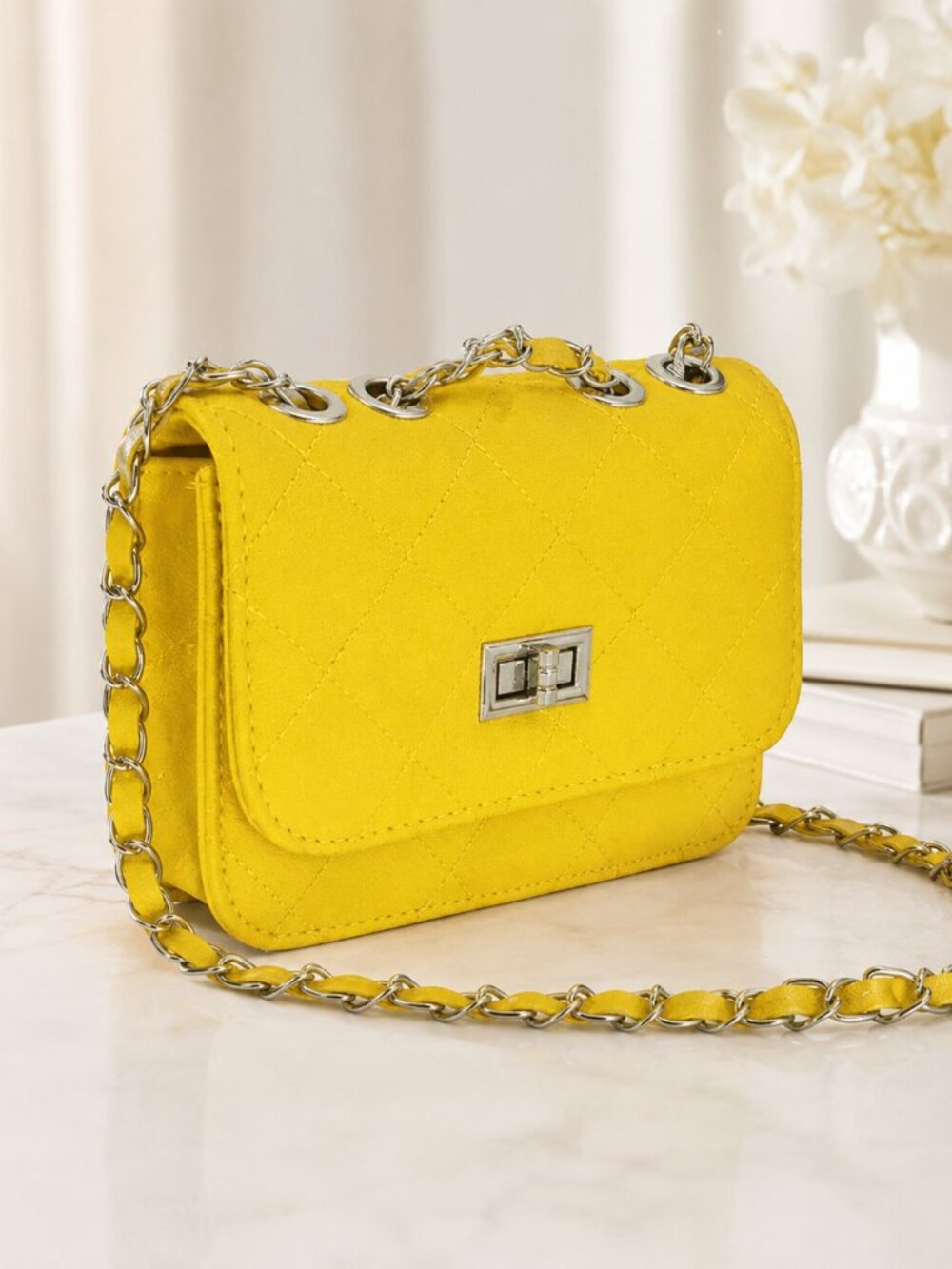 Bright Yellow Quilted Crossbody Bag Silver Chain Turn Lock Purse